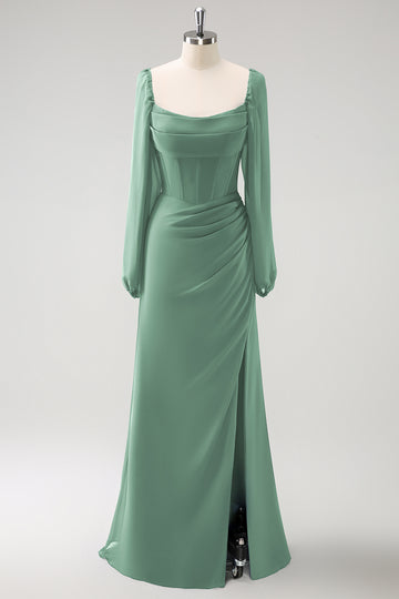 Vaina azul oscuro Cuello cuadrado Gasa de manga larga Vestido largo de dama de honor con abertura